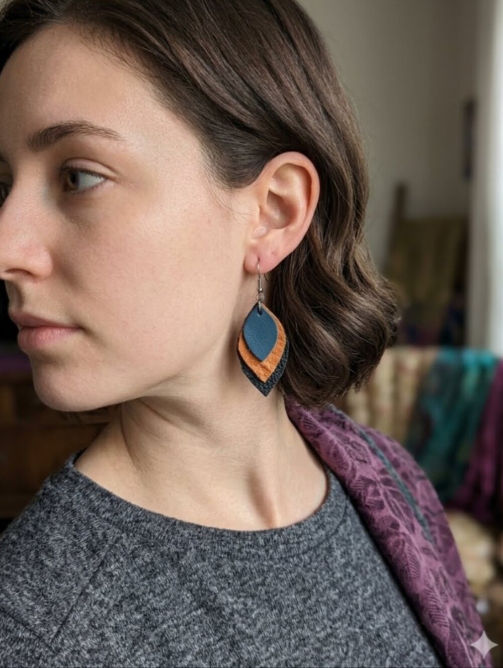 Handmade Genuine Leather Blue Tan Black Layered Leaf Drop Earrings